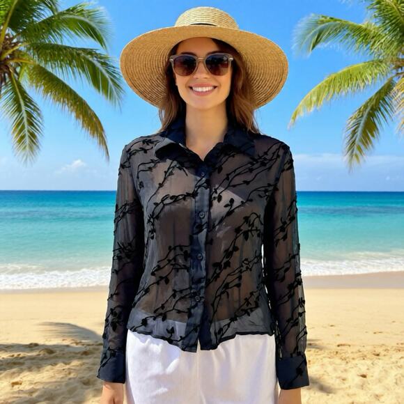 Express Burnout Velvet SilkRayon ButtonShirt Women 5/6 BlackSheer Whimsigoth Y2K - Picture 1 of 11